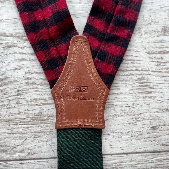 Vintage RARE MENS Polo Ralph Lauren Green Red Black Suspenders Braces Brass